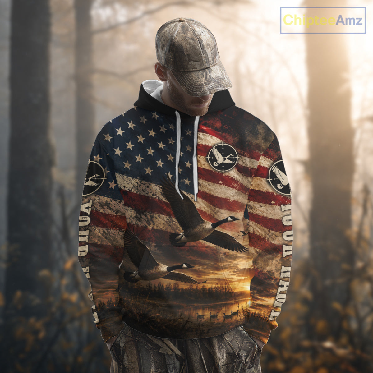 Goose Hunting Shirt American Flag Waterfowl Hunter Sunset Patriotic Hunting Gift NHT1360