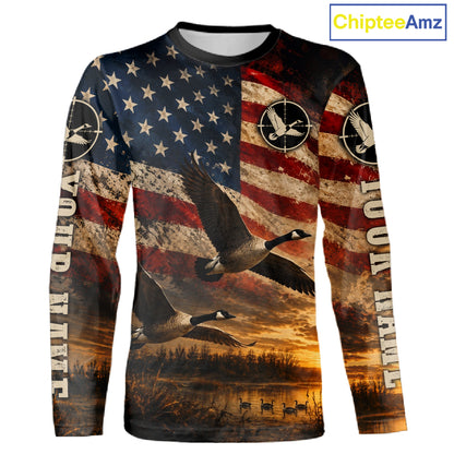 Goose Hunting Shirt American Flag Waterfowl Hunter Sunset Patriotic Hunting Gift NHT1360