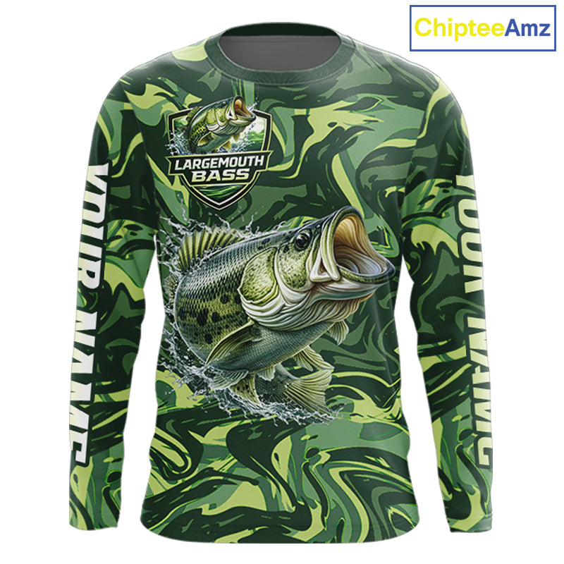 Largemouth Bass Fishing Shirts Long Sleeve Camo Green With Personalized Name NHT398
