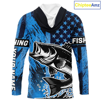 Bass Fishing American Camo Custom Name UV Protection Long Sleeves Hooded Shirt, Bass Fishing Jersey NHT530