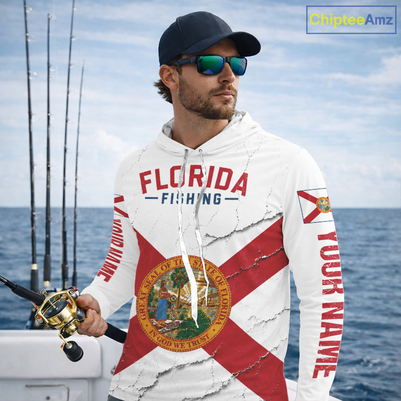 Florida Fishing Shirt Patriotic Florida Flag Long Sleeve Hooded UV Protection Fishing Jersey