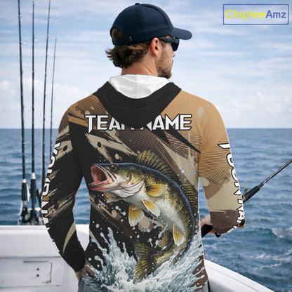 Brown Camo Walleye Fishing Shirts Long Sleeve Hooded, Custom Walleye Performance Fishing Apparel NHT459