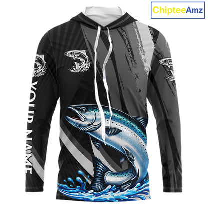 Personalized Black Camo Chinook Salmon Fishing Jerseys, Salmon Long Sleeve Hooded Fishing Shirts  NHT463