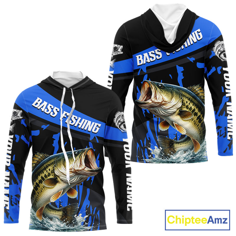 Custom Largemouth Bass Fishing Jerseys, Largemouth Bass Hooded Fishing Shirts Long Sleeve For Men|Blue NHT726