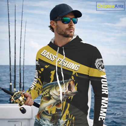 Custom Largemouth Bass Fishing Jerseys, Largemouth Bass Hooded Fishing Shirts Long Sleeve For Men|Yellow NHT728