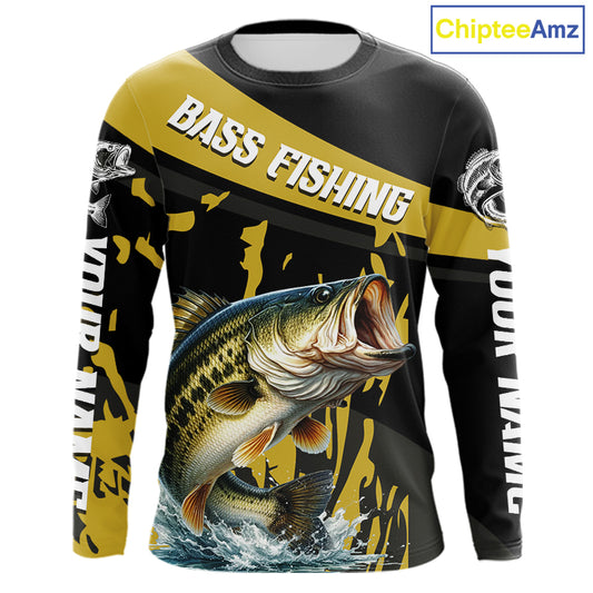 Custom Largemouth Bass Fishing Jerseys, Largemouth Bass Fishing Shirts Long Sleeve For Men|Yellow NHT728