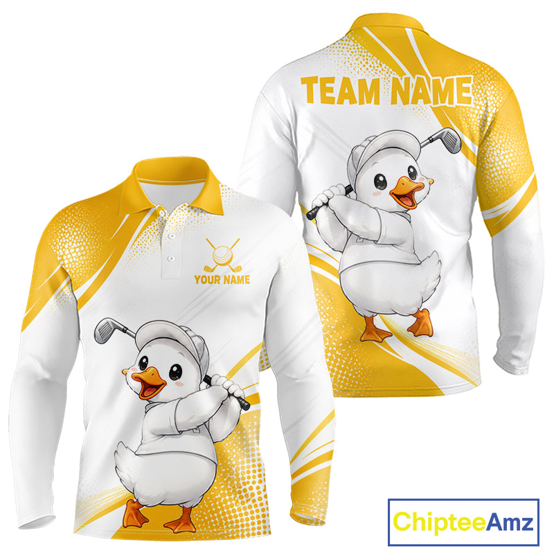 Front and back views of a long-sleeve custom polo shirt featuring a cartoon white duck wearing a golf hat and holding a golf club. The shirt has a white and yellow color scheme with 'TEAM NAME' printed on the back and 'YOUR NAME' on the front, shown on a white background with a ChipteeAmz logo in the bottom right corner.