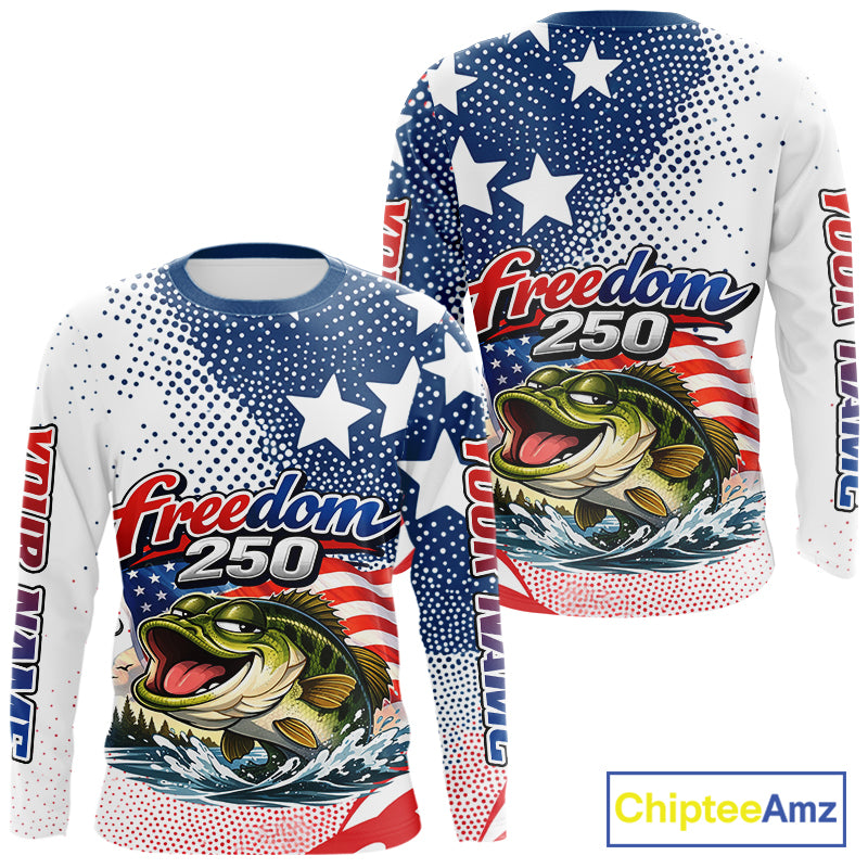 Funny Bass Fishing Shirts Long Sleeve Freedom 250 American Flag, Fishing Gift NHT408