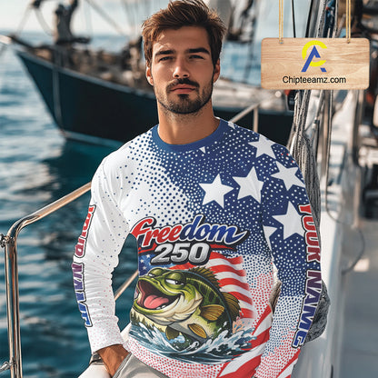 Funny Bass Fishing Shirts Long Sleeve Freedom 250 American Flag, Fishing Gift NHT408