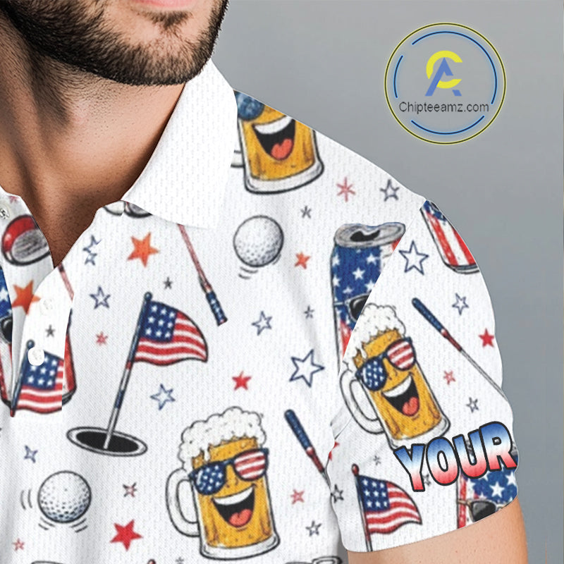 Custom Patriotic Mens Golf Polo Shirt With Beer Print – Personalized USA Golf Team Polo 