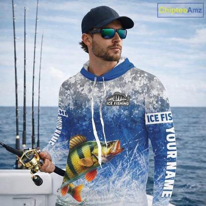 Ice Fishing Shirt With Yellow Perch & Winter Camo Design, Fishing Shirts Hooded Long Sleeve For Men NHT1376