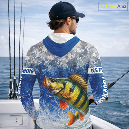 Ice Fishing Shirt With Yellow Perch & Winter Camo Design, Fishing Shirts Hooded Long Sleeve For Men NHT1376