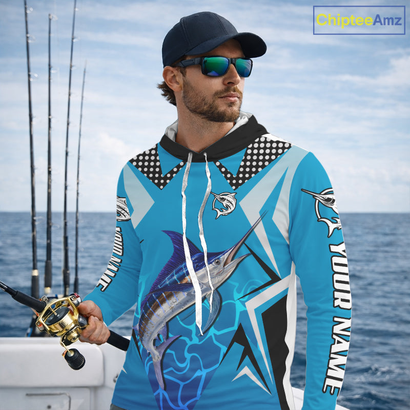Marlin Fishing Blue Camo Custom Name Long Sleeve, Long Sleeve Fishing Shirt For Men NHT465