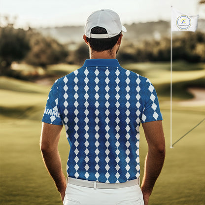 Mens Golf Polo Shirt Custom Photo Face Blue Argyle Plaid Pattern, Father's Day Golfing Gifts NHT742