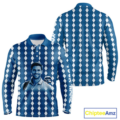 Mens Golf Polo Shirt Custom Photo Face Blue Argyle Plaid Pattern, Father's Day Golfing Gifts NHT742