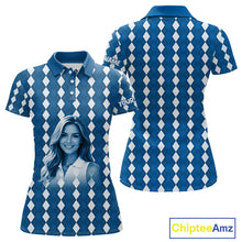Load image into Gallery viewer, Womens Golf Polo Shirt Custom Photo Face Blue Argyle Plaid Pattern, Mother's Day Golfing Gifts NHT742