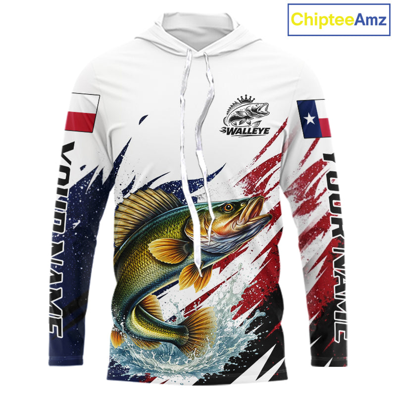 Custom Texas Flag Walleye Fishing Shirts, Texas Walleye Fishing Shirts Long Sleeve Hooded For Team NHT911