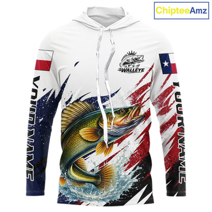 Custom Texas Flag Walleye Fishing Shirts, Texas Walleye Fishing Shirts Long Sleeve Hooded For Team NHT911