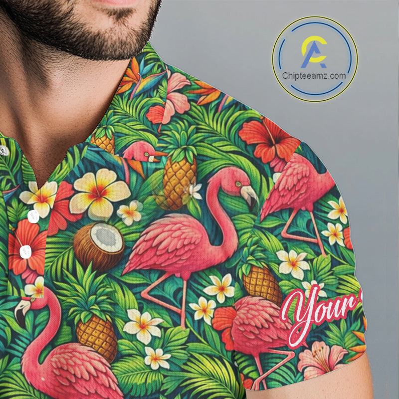 Men's Golf Polo Shirt Colorful Floral Flamingo Pattern Tropical Leaves Custom Name NHT538