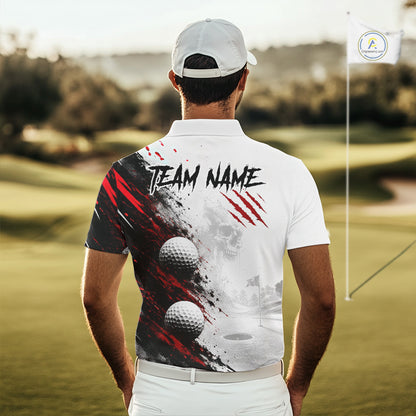 A man viewed from behind wearing a white custom-printed polo shirt on a golf course. The back of the shirt features a graphic design with red paint splatters, two golf balls, a skull, and the text 'TEAM NAME'.