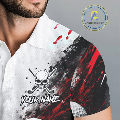 A close-up of a man wearing a short-sleeve polo shirt with a custom graphic print. The shirt features a white collar and upper section, transitioning into a black and red splattered pattern with a white skull and crossed golf clubs graphic on the chest, and a golf ball illustration on the sleeve.