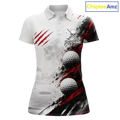 A women's short-sleeve polo shirt with a custom golf-themed graphic print. The design features a white and black splatter pattern with red claw marks, two golf balls, a skull and crossbones with a customizable name placeholder, and a golf hole in the background.