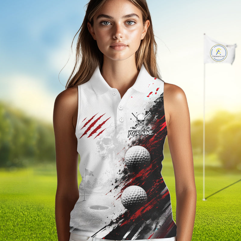 A sleeveless women's polo-style golf shirt with a white base and a dramatic black, red, and gray graphic print featuring golf balls, a hole scene, claw marks, and a skull-and-crossbones logo with placeholder text, shown on a female model against a blurred golf course background.