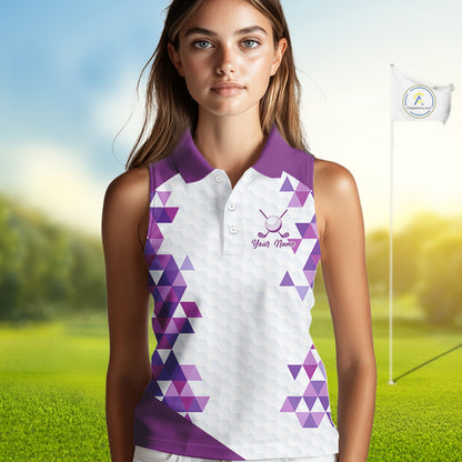 Custom Purple Geometric Womens Sleeveless Golf Polo Shirt, Personalized Team Name Golf Polo Shirt NHT554