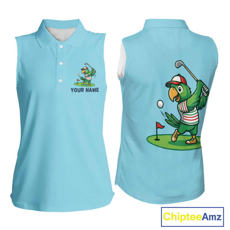Personalized Womens Sleeveless Golf Polo Shirt Custom Name Funny Green Parrot Design|Blue 