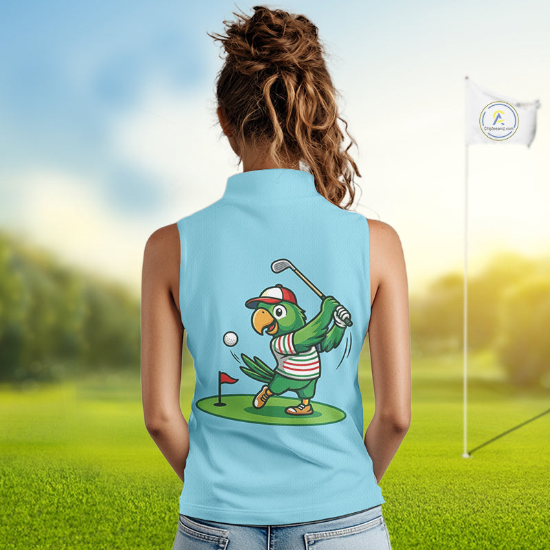 Personalized Womens Sleeveless Golf Polo Shirt Custom Name Funny Green Parrot Design|Blue 