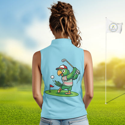 Personalized Womens Sleeveless Golf Polo Shirt Custom Name Funny Green Parrot Design|Blue 