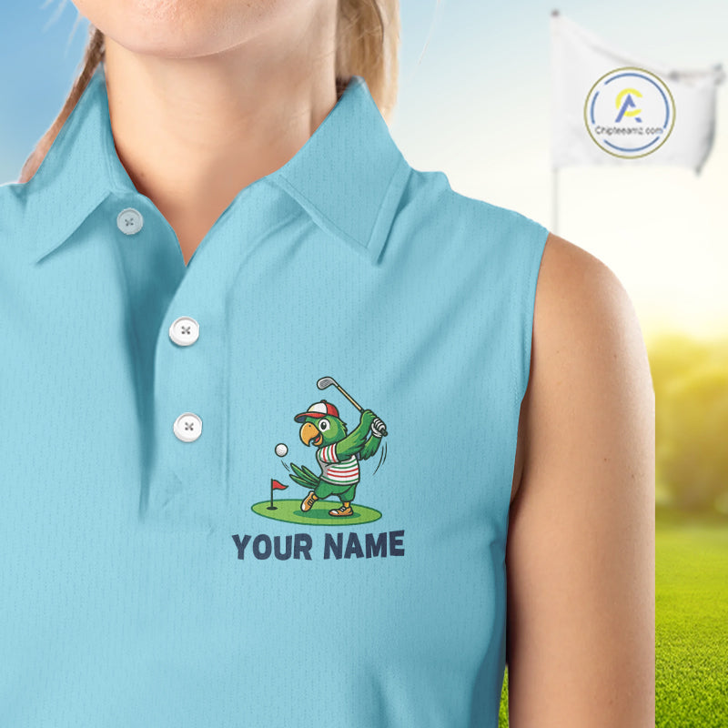 Personalized Womens Sleeveless Golf Polo Shirt Custom Name Funny Green Parrot Design|Blue 