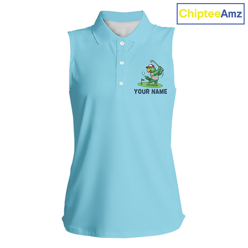 Personalized Womens Sleeveless Golf Polo Shirt Custom Name Funny Green Parrot Design|Blue 