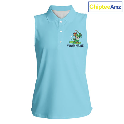 Personalized Womens Sleeveless Golf Polo Shirt Custom Name Funny Green Parrot Design|Blue 