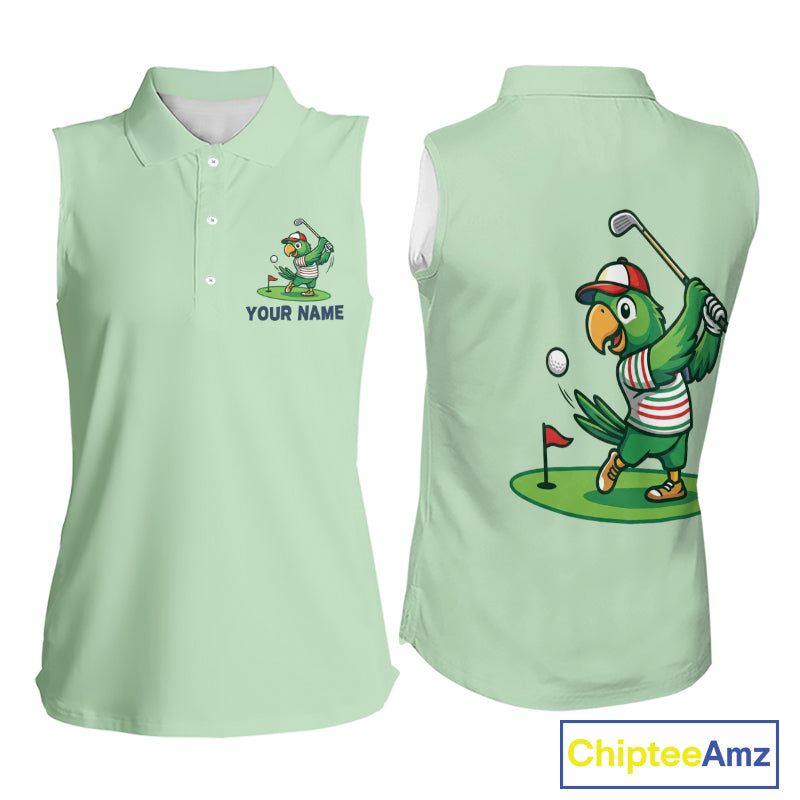 Personalized Womens Sleeveless Golf Polo Shirt Custom Name Funny Green Parrot Design|Green