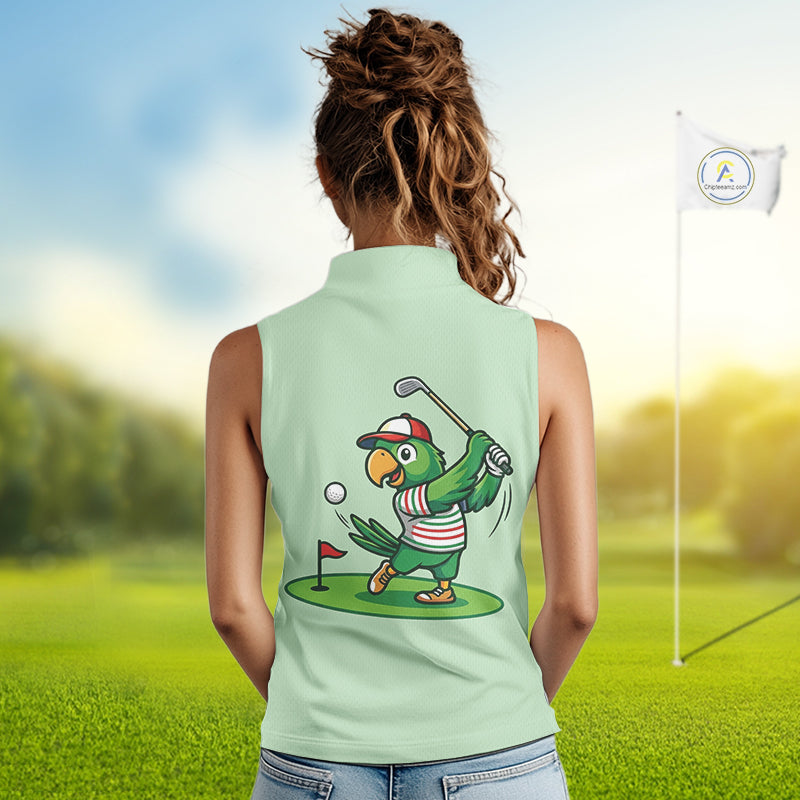 Personalized Womens Sleeveless Golf Polo Shirt Custom Name Funny Green Parrot Design|Green