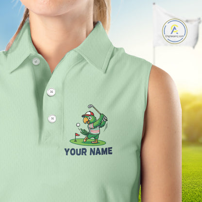 Personalized Womens Sleeveless Golf Polo Shirt Custom Name Funny Green Parrot Design|Green