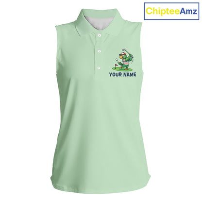 Personalized Womens Sleeveless Golf Polo Shirt Custom Name Funny Green Parrot Design|Green