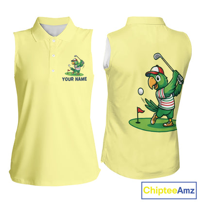 Personalized Womens Sleeveless Golf Polo Shirt Custom Name Funny Green Parrot Design|Yellow