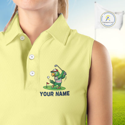 Personalized Womens Sleeveless Golf Polo Shirt Custom Name Funny Green Parrot Design|Yellow