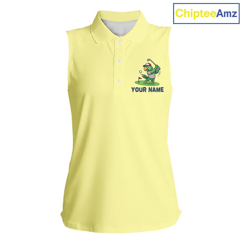 Personalized Womens Sleeveless Golf Polo Shirt Custom Name Funny Green Parrot Design|Yellow