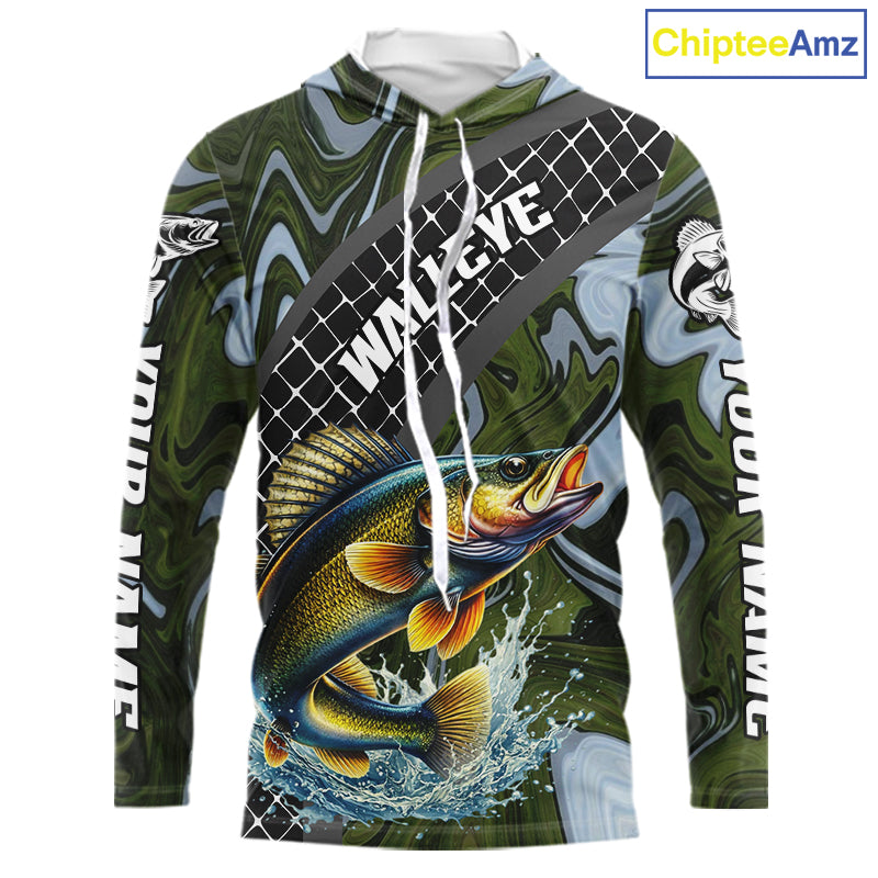 Walleye Hooded Fishing Shirt Long Sleeve Abstract Green Camo Performance Jersey For Men NHT923