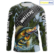 Load image into Gallery viewer, Walleye Fishing Shirts Long Sleeve Abstract Green Camo Performance Jersey For Men NHT923