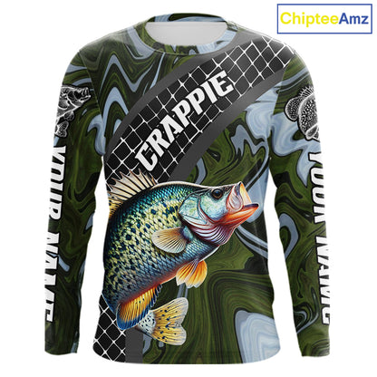 Crappie Fishing Shirts Long Sleeve Abstract Green Camo Performance Jersey For Men NHT924