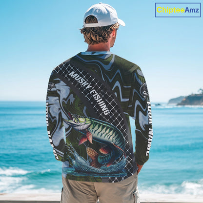 Northern Musky Fishing Shirts Long Sleeve Abstract Green Camo Performance Jersey For Men NHT926