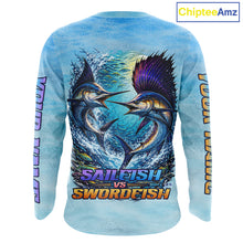 Load image into Gallery viewer, Personalized Sailfish Vs Swordfish Fishing Saltwater Long Sleeve Fishing Shirts NHT419