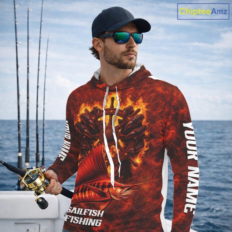 Red Sailfish Fishing Shirts Long Sleeve Hooded, Personalized Men's Fishing Shirt NHT421