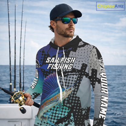 Sailfish Hooded Fishing Shirt Blue Camo Custom Name, Sailfish Fishing Team Jerseys NHT475