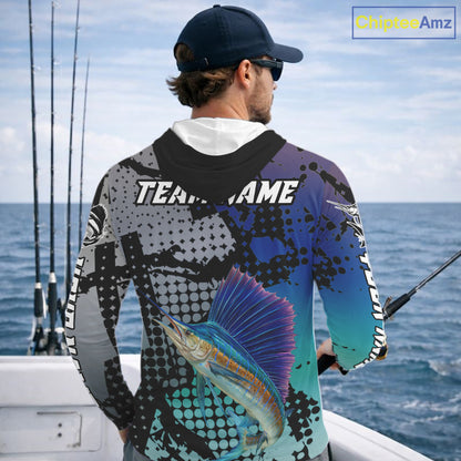 Sailfish Hooded Fishing Shirt Blue Camo Custom Name, Sailfish Fishing Team Jerseys NHT475