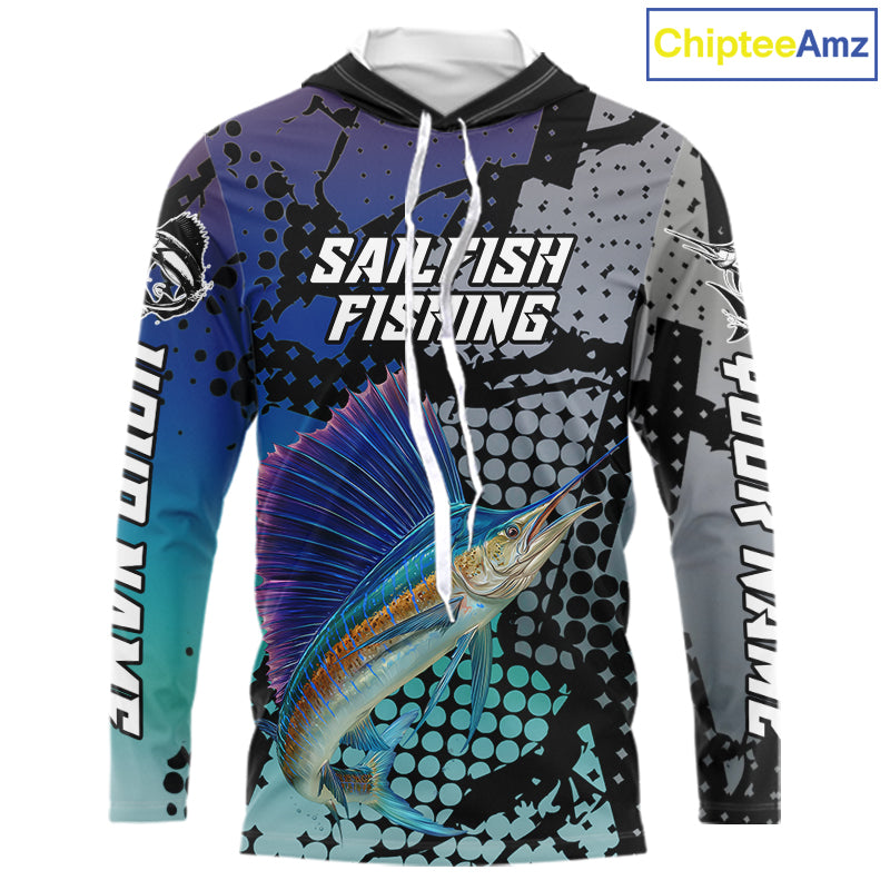 Sailfish Hooded Fishing Shirt Blue Camo Custom Name, Sailfish Fishing Team Jerseys NHT475